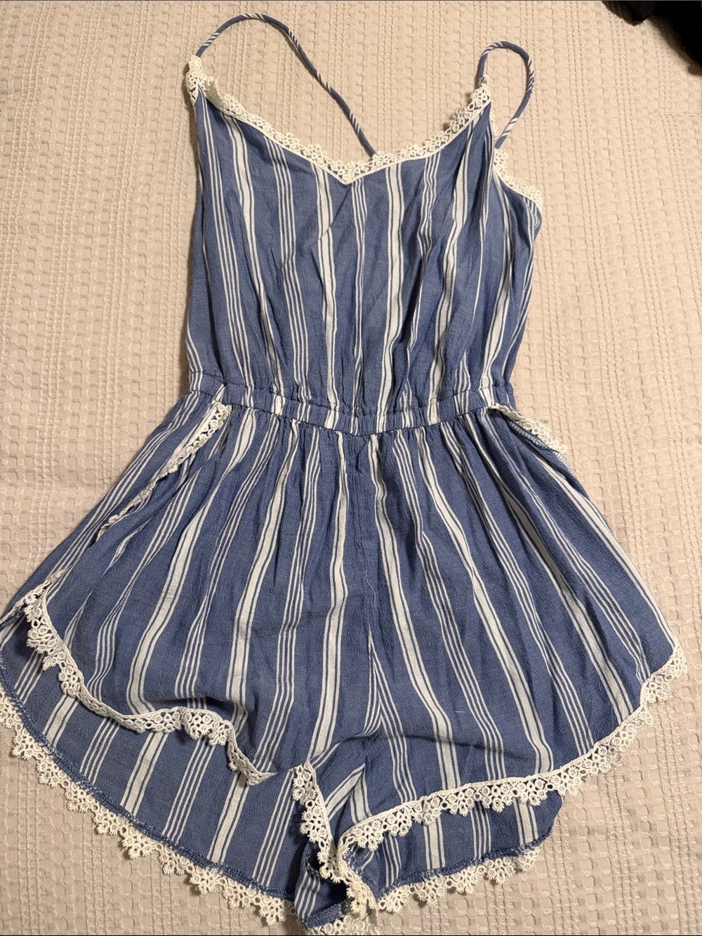 Blue & White Striped Lace-Trim Women's Romper Bodysuit